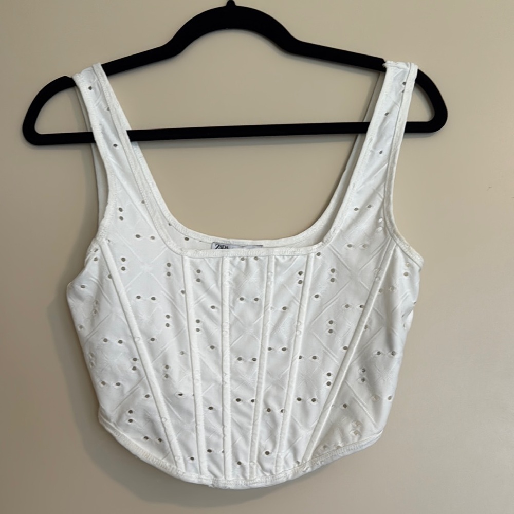 Zara White Sleeveless Bustier Cropped Tank Top